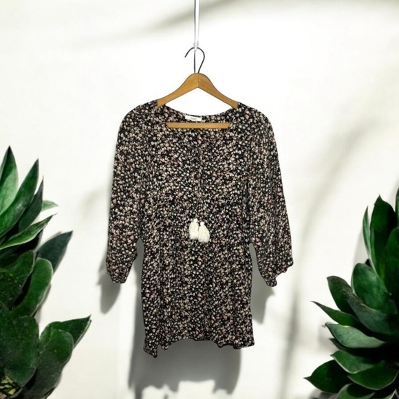 EASEL Micro Floral Print Boho Cottagecore Tunic Tassel Tie Front Blouse - Picture 10 of 10